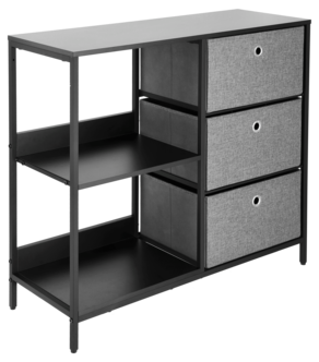 Låg hylla metall med lådor i textil, svart