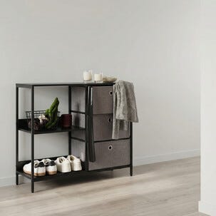 Låg hylla metall med lådor i textil, svart