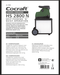 Cocraft HS 2800 N kompostkvarn med vals, 2800 W
