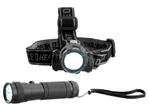 Set med ficklampa och pannlampa LED