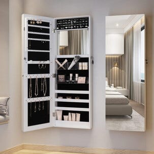 Ripustettava kaappi koruille ja meikeille peilillä, valkoinen