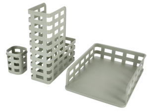 Kontorsett med dokumentordner, penneholder og brevkurv