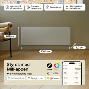 Mill Glass Smart WiFi Sähköpatteri Gen. 4, valkoinen, 1300 W