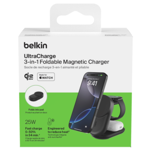 Belkin UltraCharge 3-i-1 sammenleggbar Qi2-lader, 25W