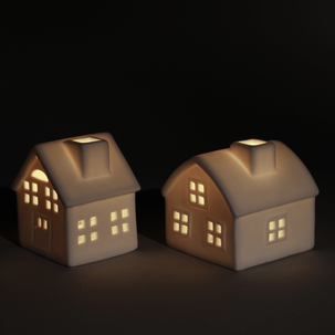 Lite hus i keramikk med LED-lys og timer, 6 cm