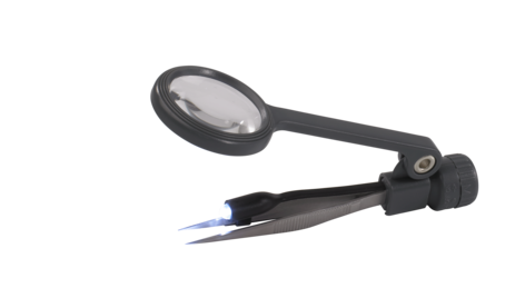Förstoringsglas med pincett och belysning