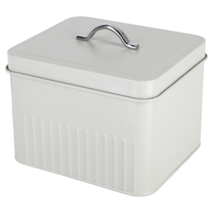 Plåtlåda med lock och etiketter, beige