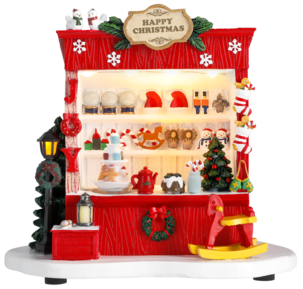 Juleby kiosk med lys og julemusikk