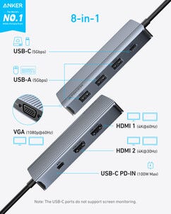 Anker A8379 USB-C hub 8-i-1 med Triple Display-stöd