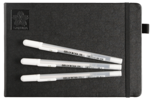 Notatbok med svarte ark og 3 hvite penner, Sakura