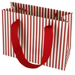 Lahjapussi joulu, raidallinen punainen/valkoinen, kangasnauhalla