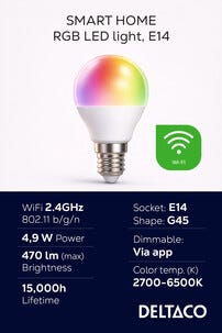 Deltaco Smart LED-pære RGB, E14 4,9 W dimbar, SH-LE14G45RGB02