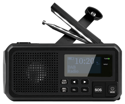 Bærbar nødradio med sveiv og solceller, DAB+ og FM