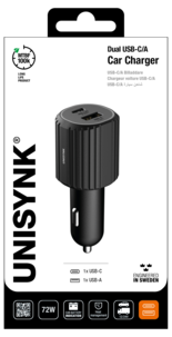 Unisynk Dual Autolaturi 12, 24 V, USB-C / USB-A, musta
