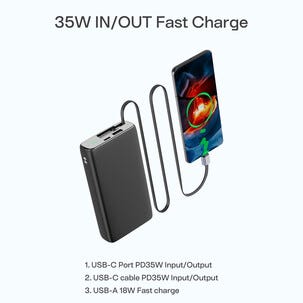 Powerbank med sladd, USB-C, 20 000 mAh