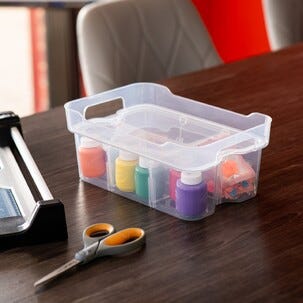 Förvaringslåda Modular plast med lock och fack, genomskinlig.