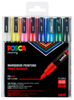 Posca PC-3M Kynä, perusvärit, 8 kpl, 0,9–1,3 mm