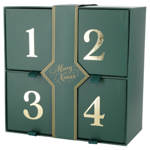 Adventskalender att fylla själv, 4 lådor, grön/guld