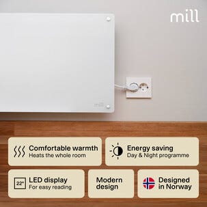 Mill panelelement med termostat, glas, vit