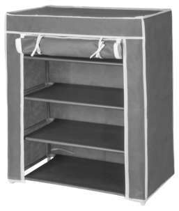 Skohylla i textil, flera hyllplan, grå