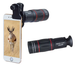 Teleobjektiv 18 x zoom och tripod till mobiltelefon 