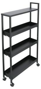 Smal rullvagn med 4 hyllplan, svart stål