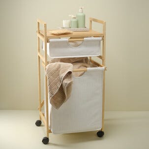 Tvättkorg på hjul med hylla och 2 utdragbara korgar