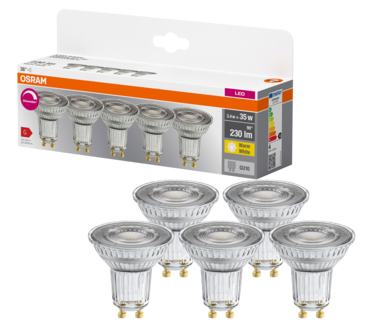 Dimbar reflektorpære GU10 LED 3,4 W, Osram, 5-pakning
