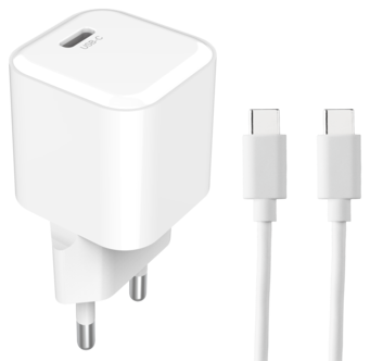 USB-C PD laddare med kabel, 1 m, 20 W, vit