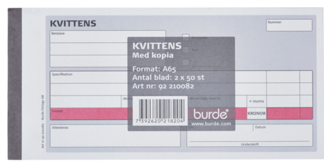 Kvittens med kopia, A65 med 50 blad