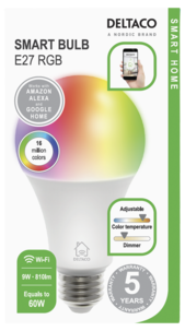 Deltaco Smart Home WiFi dimbar LED RGB E27 9 W  