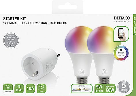 Deltaco Smart Home WiFi Älypistorasia ja 2 x E27 RGB LED-lamppu