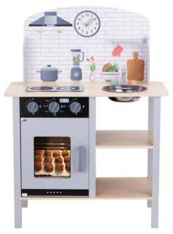 Leikkikeittiö puuta, liesi, uuni ja astianpesuallas, yli 3-vuotiaille