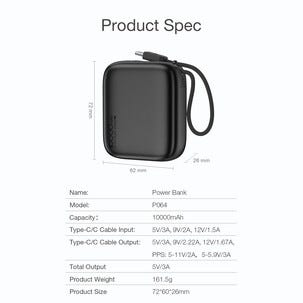 Powerbank 10 000 mAh med USB-C-kabel, 20 W