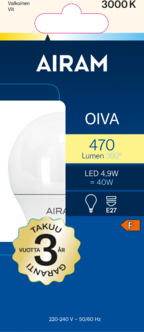 LED-lamppu E27 4,9 W Airam Oiva, lämpimän valkoinen