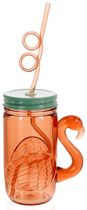 Plastkrus med lokk og sugerør, flamingo