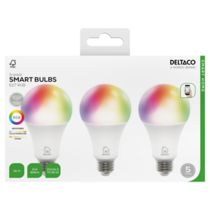 Deltaco Smart Home RGB LED-pære E27 wifi, 9 W, 3-pakning