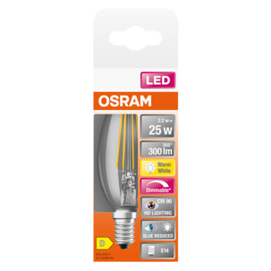 Dimbar mignon lyspære LED E14 Osram, varmhvit