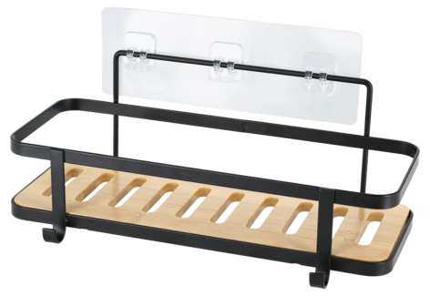 Selvklebende baderomshylle vegg, bambus, svart metall