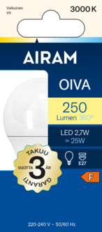 LED-lamppu E27 2,7 W Airam Oiva, lämpimän valkoinen