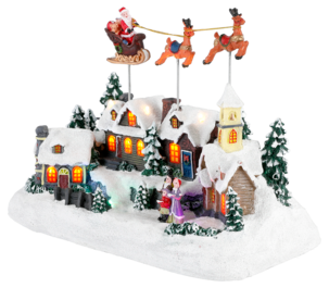 Jouluinen kylä, jossa joulupukki, poroja ja reki