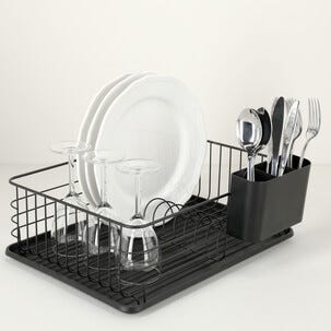 Oppvaskstativ med brett og bestikkurv, metall, 43 cm