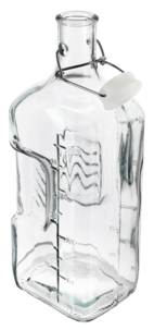 Lasipullo, jossa muotoiltu kylki ja patenttikorkki, 1,8 litraa