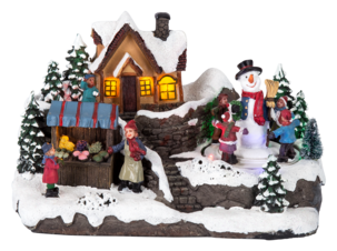 Jouluinen kylä, jossa LED-valot ja musiikkia