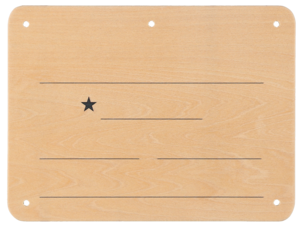 Nimikyltti keppihevosen karsinaan, puuta, 200 x 150 mm