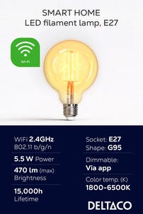Deltaco Smart Home LED-filament globepære E27 wifi