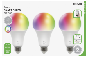 Deltaco Smart Home WiFi Himmennettävä LED RGB E27 9 W, 3 kpl