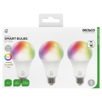 Deltaco Smart Home RGB LED-pære E27, 9 W, 3-pakning