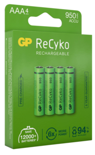Oppladbare batterier AAA / HR3, 950 mAh GP ReCyko, 4-pakning