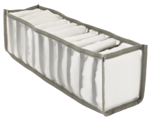 Laatikonjakaja farkuille, paidoille, alusvaatteille tai puseroille